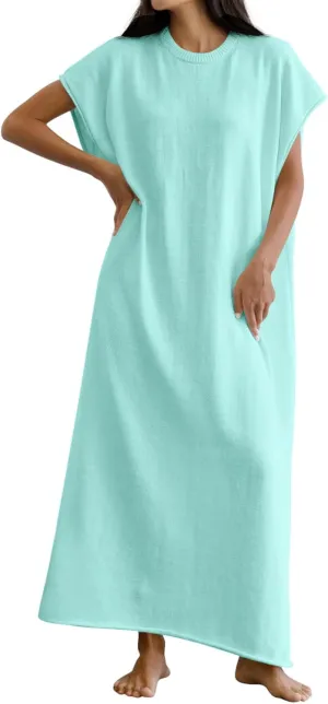 Wenrine Womens Casual Short Sleeve Dress Summer Oversized Crewneck Loose Fit Knit Maxi Dresses
