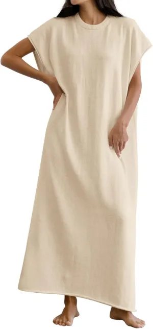Wenrine Womens Casual Short Sleeve Dress Summer Oversized Crewneck Loose Fit Knit Maxi Dresses