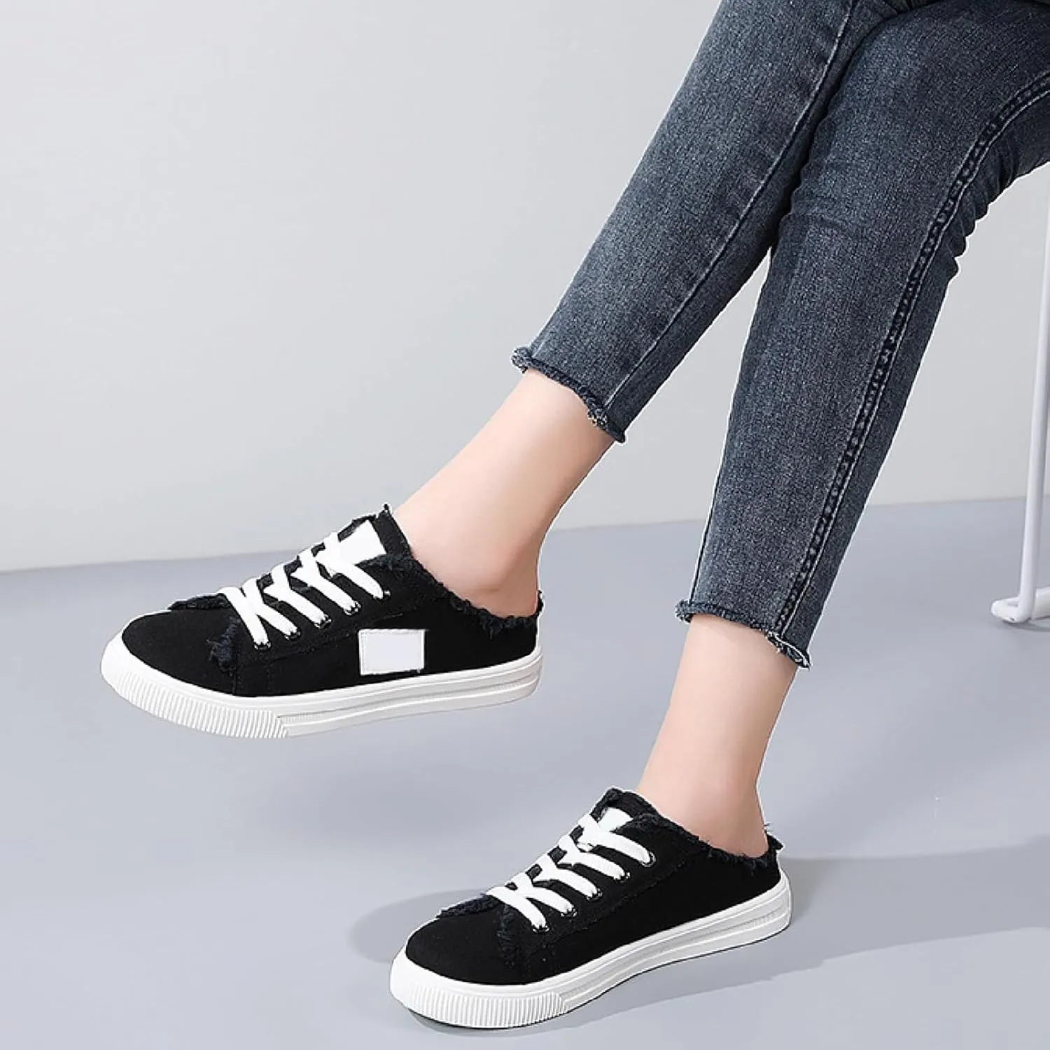 Women Canvas Mules Fashion Casual Slip on Solid Color Canvas Slippers Summer Lightweight Closed Toe Open Back Low Top and Lace up Walking Shoes Classic Comfort Flats