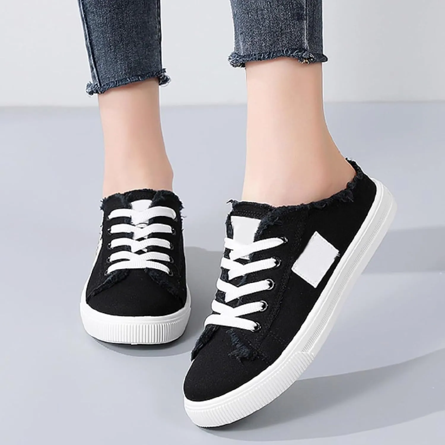 Women Canvas Mules Fashion Casual Slip on Solid Color Canvas Slippers Summer Lightweight Closed Toe Open Back Low Top and Lace up Walking Shoes Classic Comfort Flats