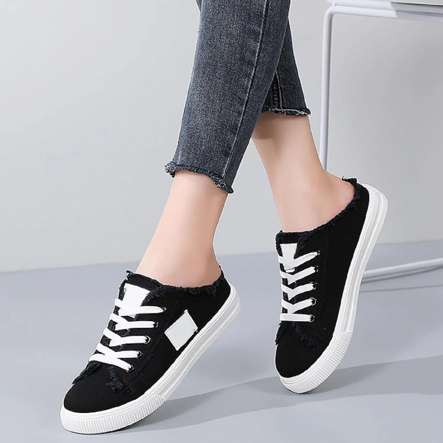 Women Canvas Mules Fashion Casual Slip on Solid Color Canvas Slippers Summer Lightweight Closed Toe Open Back Low Top and Lace up Walking Shoes Classic Comfort Flats