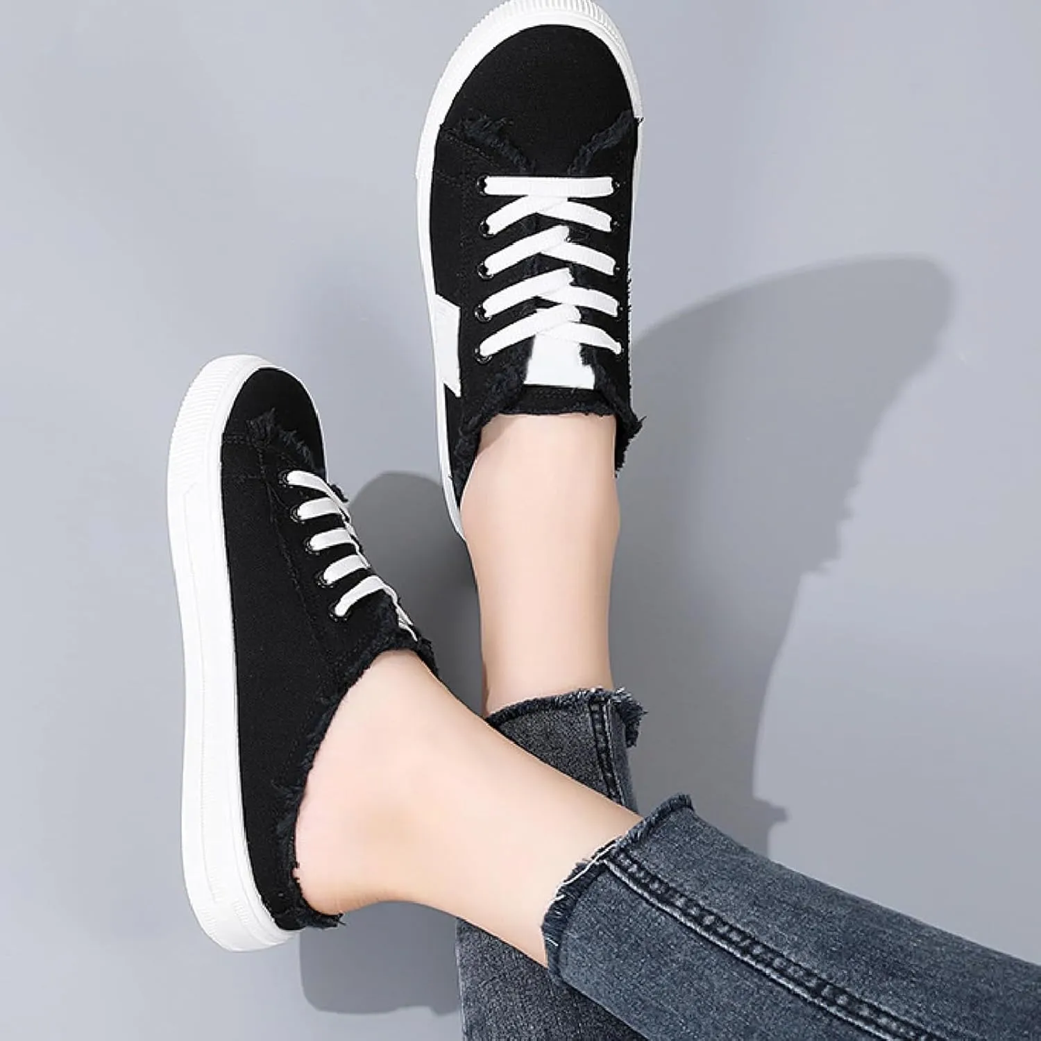 Women Canvas Mules Fashion Casual Slip on Solid Color Canvas Slippers Summer Lightweight Closed Toe Open Back Low Top and Lace up Walking Shoes Classic Comfort Flats