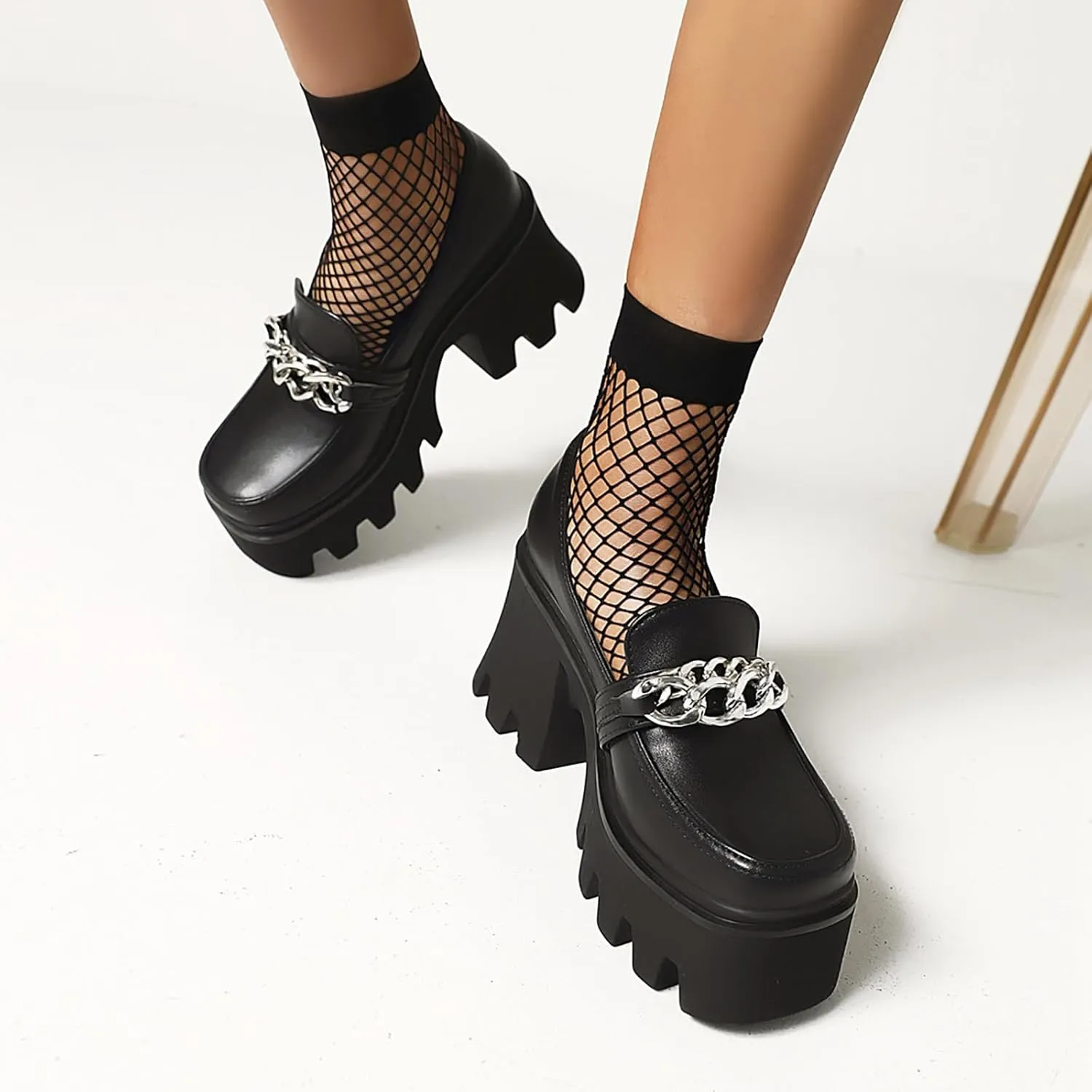 Women Platform Mid Chunky Heel Loafers with Chain Classic Square Toe Slip On Lug Sole Business Work Dressy Shoes
