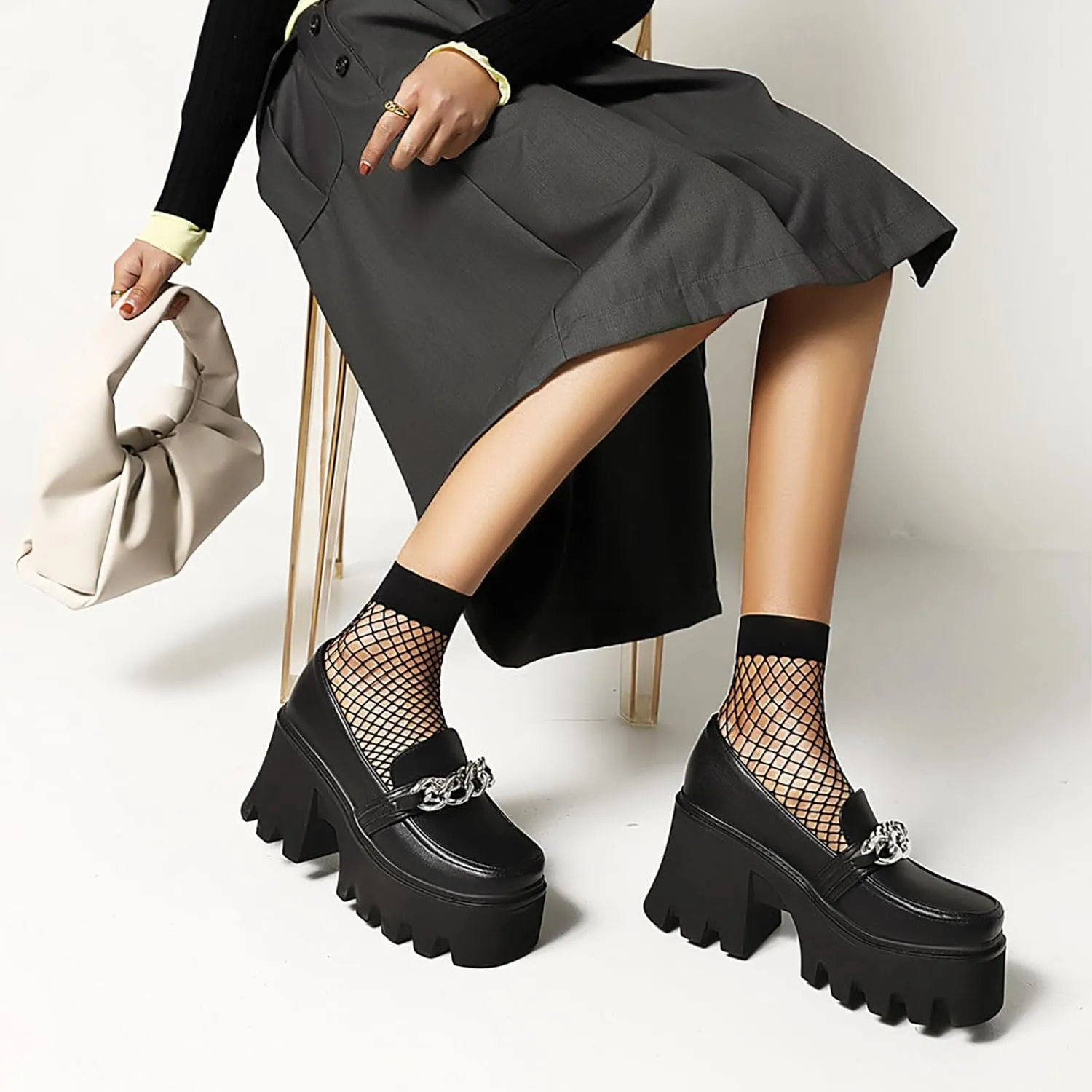 Women Platform Mid Chunky Heel Loafers with Chain Classic Square Toe Slip On Lug Sole Business Work Dressy Shoes