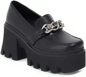 Women Platform Mid Chunky Heel Loafers with Chain Classic Square Toe Slip On Lug Sole Business Work Dressy Shoes