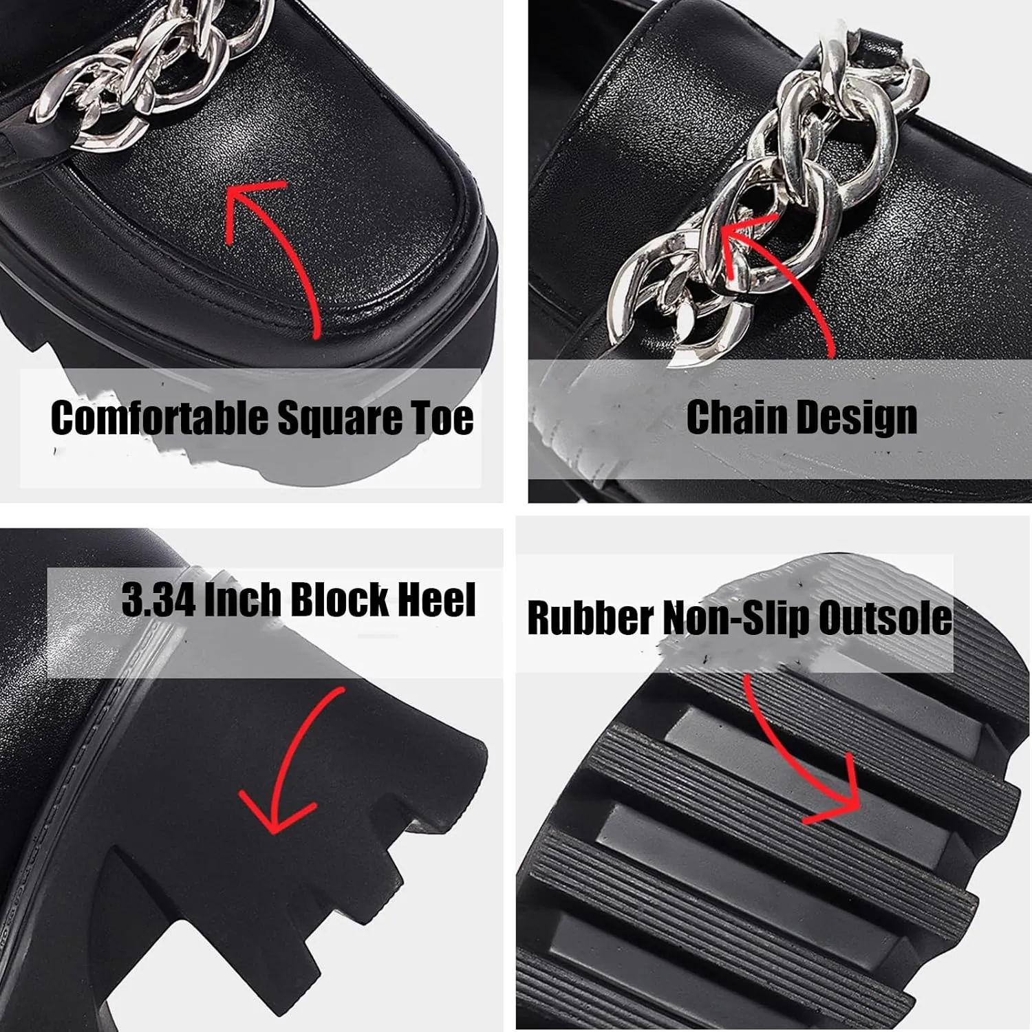 Women Platform Mid Chunky Heel Loafers with Chain Classic Square Toe Slip On Lug Sole Business Work Dressy Shoes