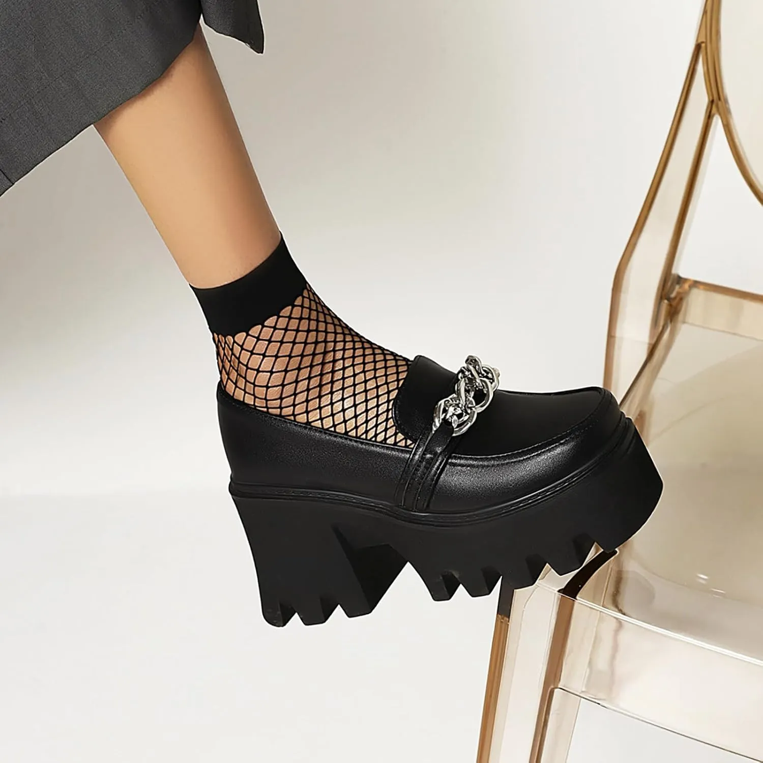 Women Platform Mid Chunky Heel Loafers with Chain Classic Square Toe Slip On Lug Sole Business Work Dressy Shoes