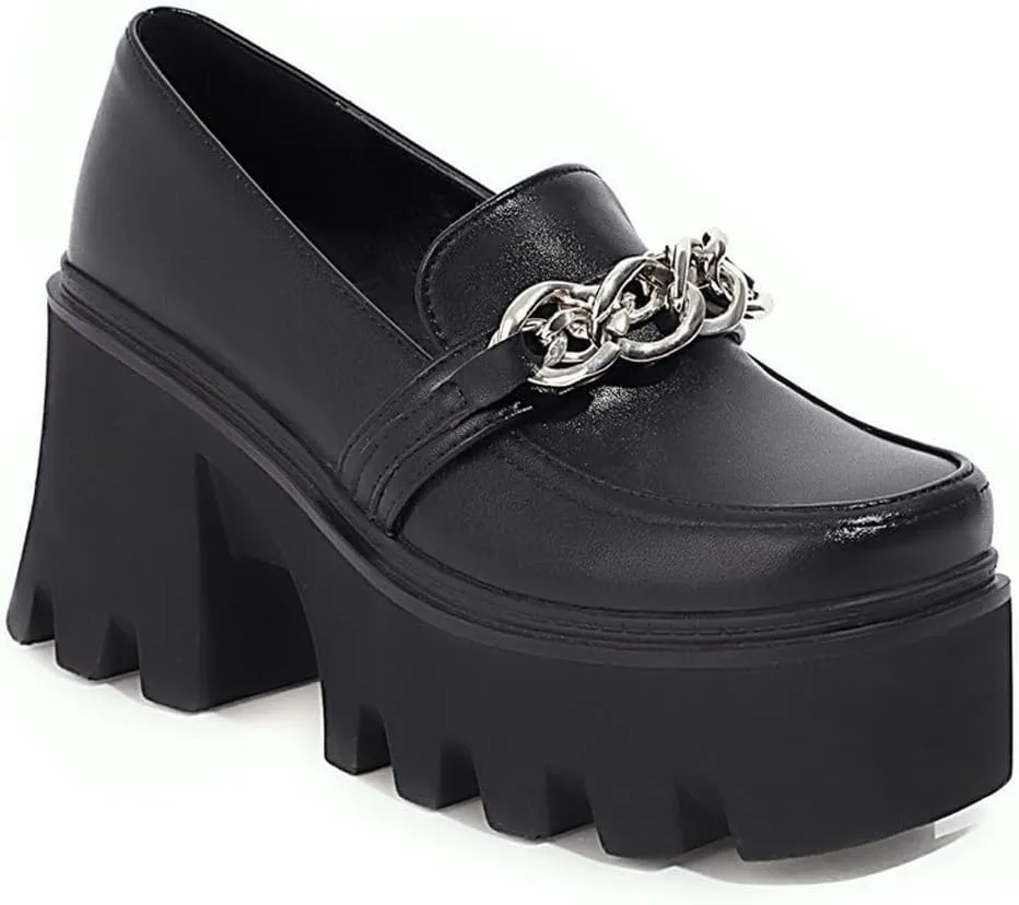 Women Platform Mid Chunky Heel Loafers with Chain Classic Square Toe Slip On Lug Sole Business Work Dressy Shoes