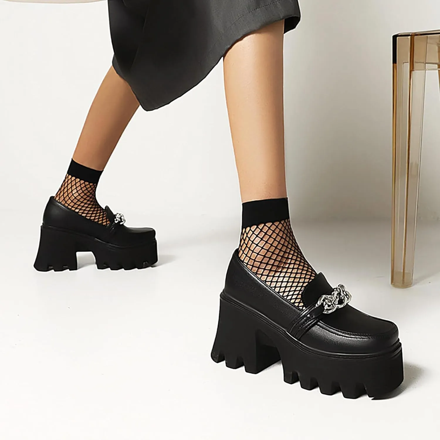 Women Platform Mid Chunky Heel Loafers with Chain Classic Square Toe Slip On Lug Sole Business Work Dressy Shoes