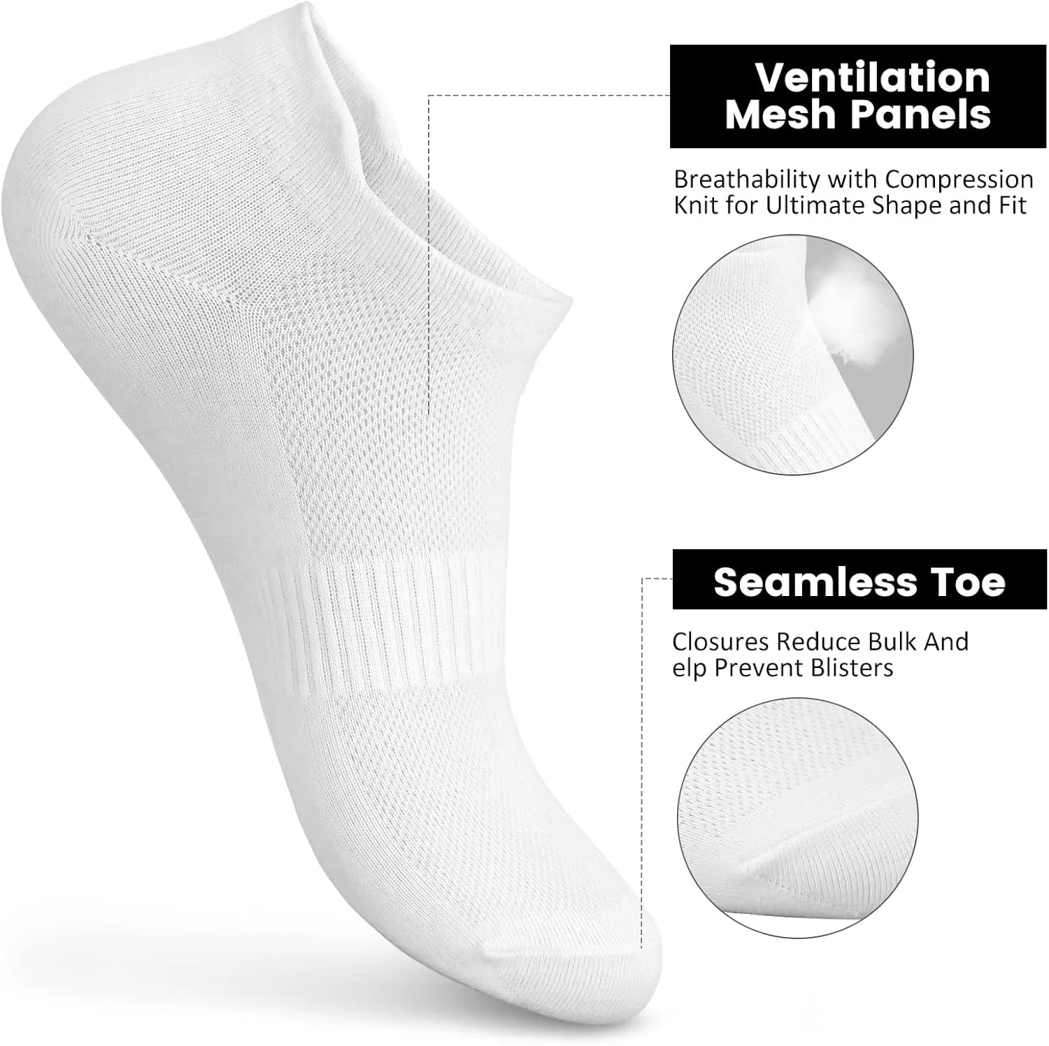 Women's Ankle Cotton Socks - Low Cut Athletic Running Soft Thin No Show White Socks With Tab 6 Pairs