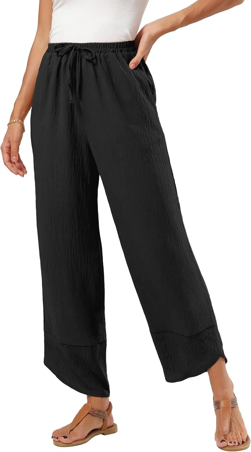 Women's Baggy Wide Leg Palazzo Pants Business Casual High Waisted Flowy Elastic Waist Sandy Shore Pants Pockets