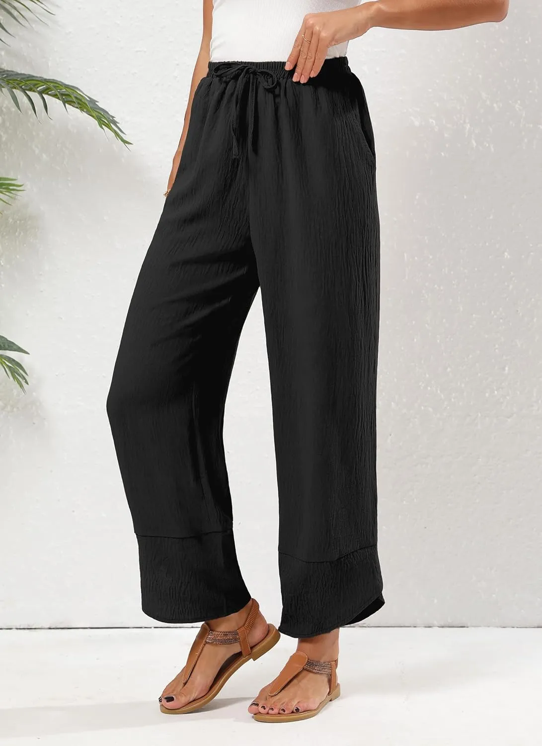 Women's Baggy Wide Leg Palazzo Pants Business Casual High Waisted Flowy Elastic Waist Sandy Shore Pants Pockets