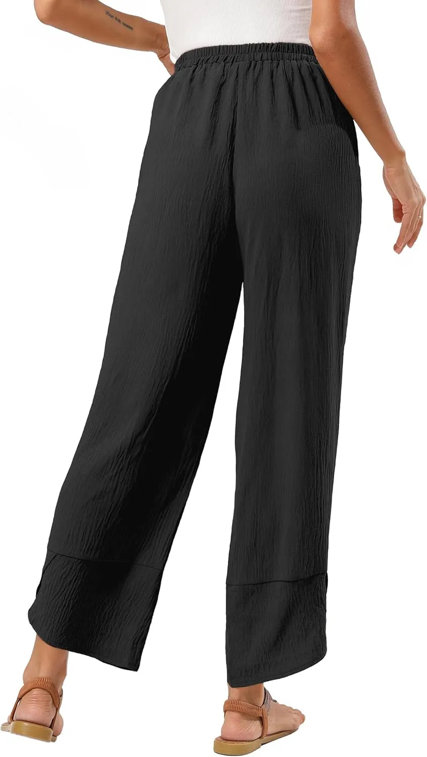 Women's Baggy Wide Leg Palazzo Pants Business Casual High Waisted Flowy Elastic Waist Sandy Shore Pants Pockets