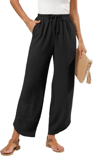 Women's Baggy Wide Leg Palazzo Pants Business Casual High Waisted Flowy Elastic Waist Sandy Shore Pants Pockets