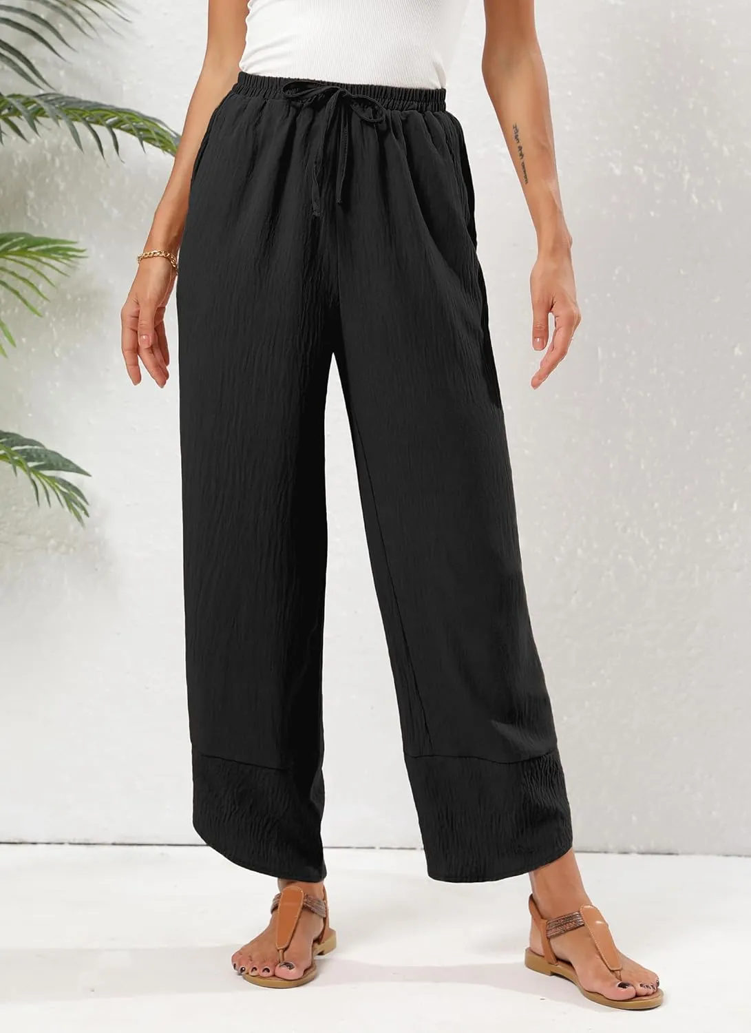 Women's Baggy Wide Leg Palazzo Pants Business Casual High Waisted Flowy Elastic Waist Sandy Shore Pants Pockets