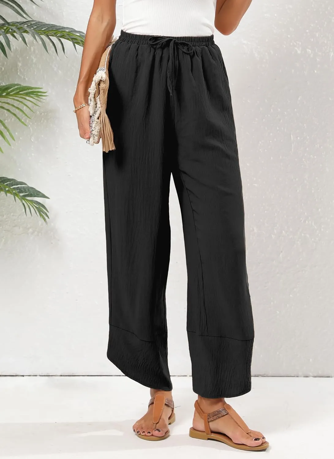 Women's Baggy Wide Leg Palazzo Pants Business Casual High Waisted Flowy Elastic Waist Sandy Shore Pants Pockets