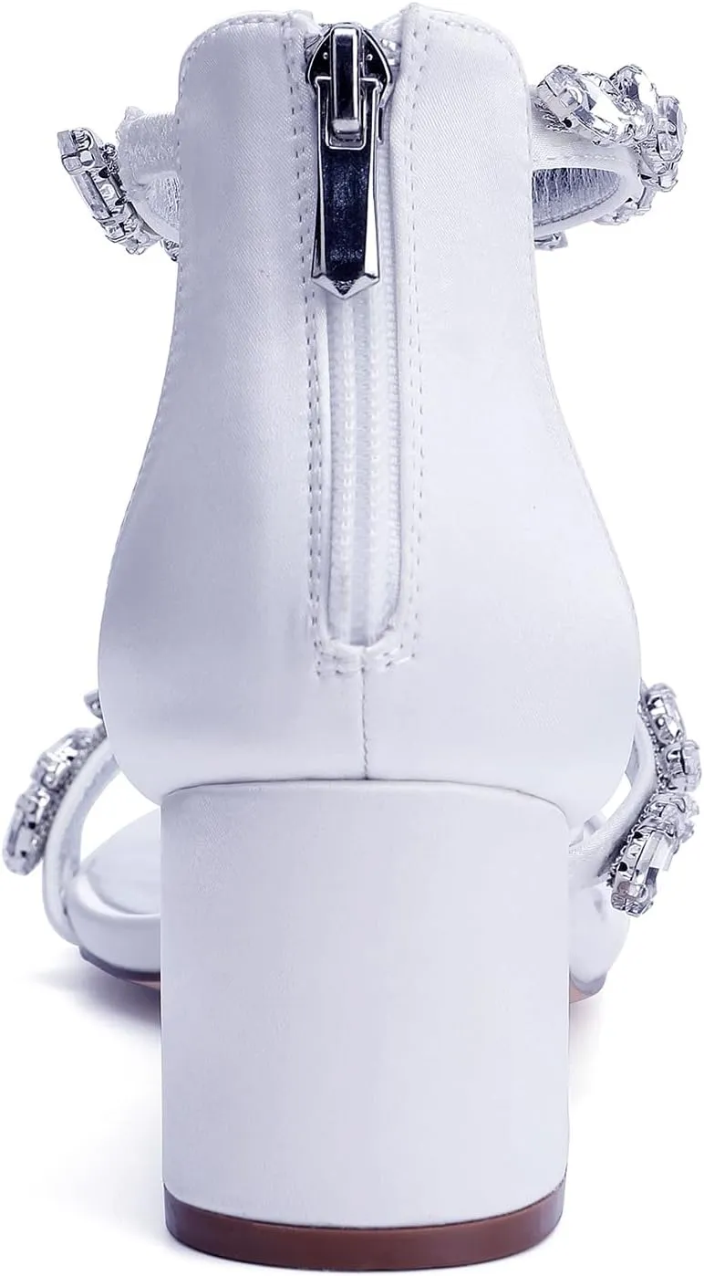 Women's Bridal Shoes Rhinestones Sandal 5.5CM Pumps Heels Wide Adjustable Ankle Strap Wedding Shoes Satin Open Toe Dressformal Evening Prom Party