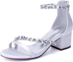 Women's Bridal Shoes Rhinestones Sandal 5.5CM Pumps Heels Wide Adjustable Ankle Strap Wedding Shoes Satin Open Toe Dressformal Evening Prom Party