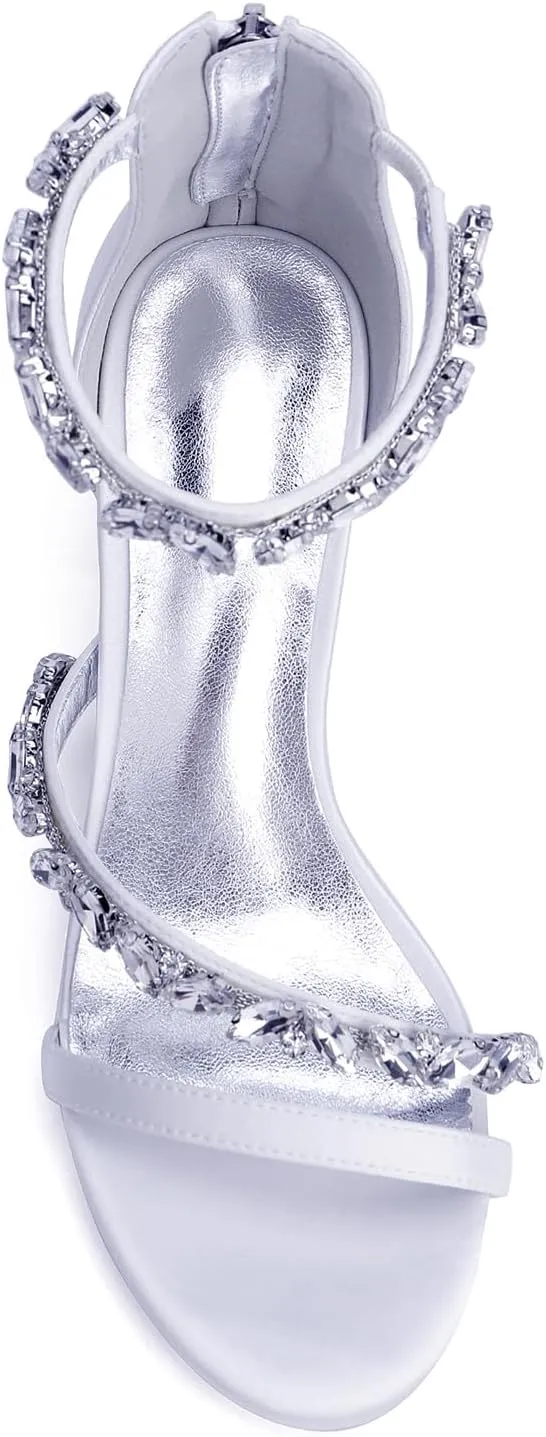 Women's Bridal Shoes Rhinestones Sandal 5.5CM Pumps Heels Wide Adjustable Ankle Strap Wedding Shoes Satin Open Toe Dressformal Evening Prom Party