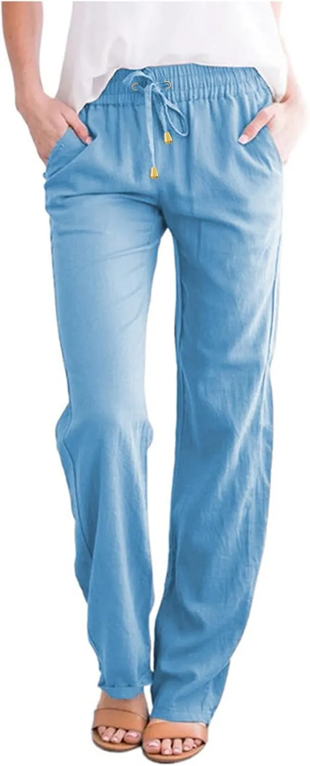 Women's Cotton Linen Pants 2025 Summer Casual Elastic Waist Trousers Relax Fit Comfy Yoga Beach Pant Sweatpants