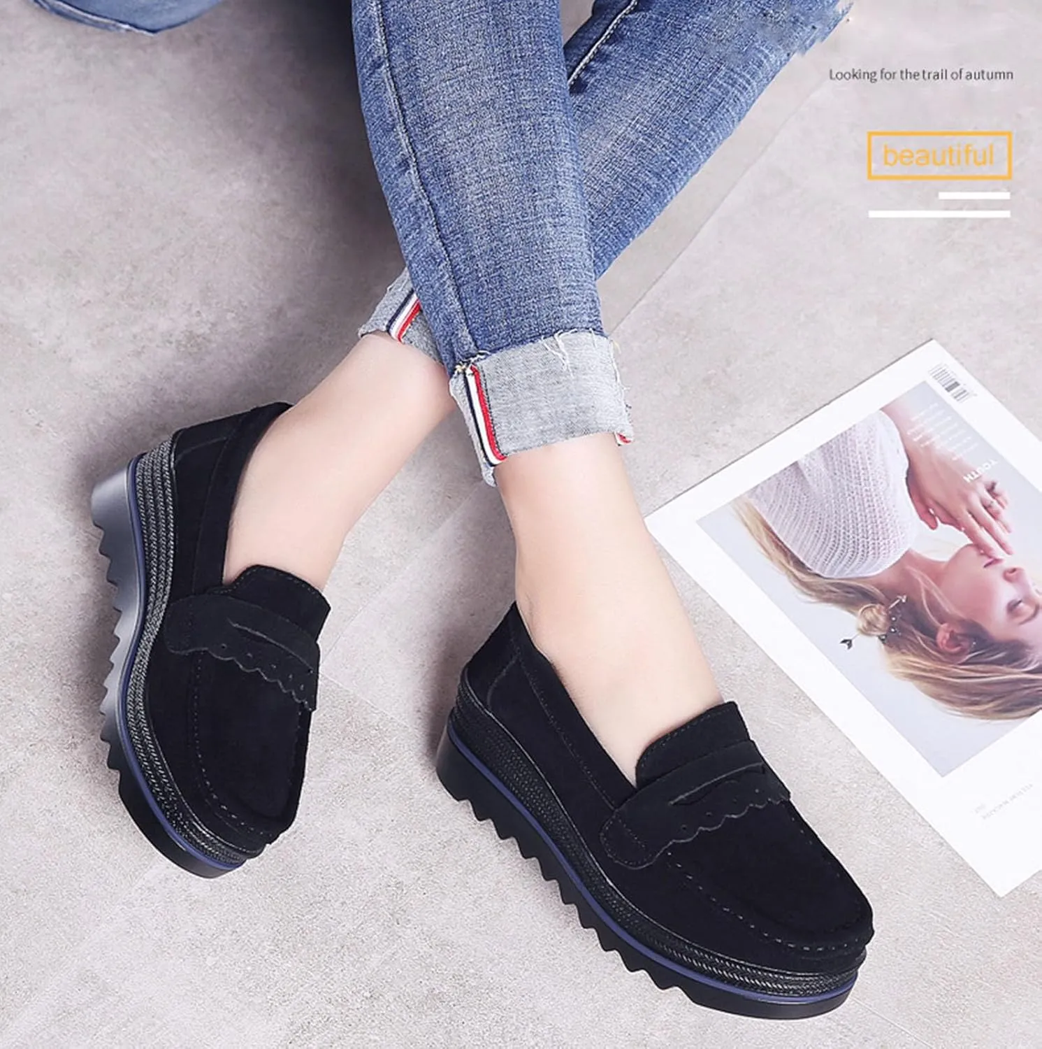 Women's Fashion Thick Sole Suede Orthopedic Loafers Non-Slip Platform Arch Support Lightweight Walking Shoes
