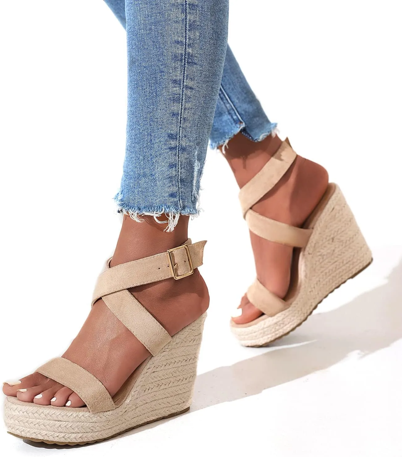 Women's High Heel Platform Espadrille Wedge Sandals Open Toe With Faux Leather Upper Cross Ankle Adjustable Buckle Strap Non Slip Soles