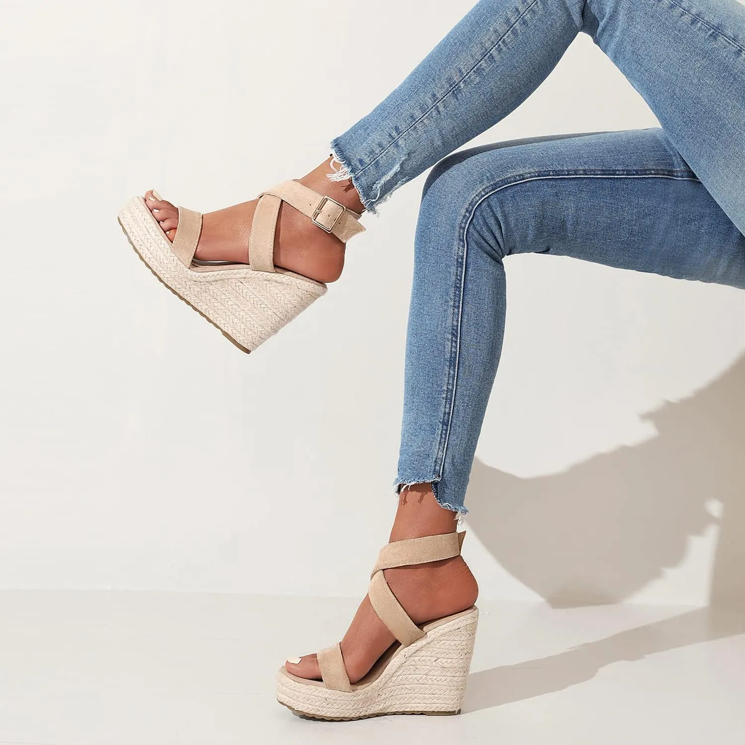 Women's High Heel Platform Espadrille Wedge Sandals Open Toe With Faux Leather Upper Cross Ankle Adjustable Buckle Strap Non Slip Soles