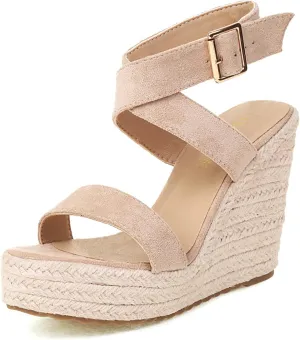 Women's High Heel Platform Espadrille Wedge Sandals Open Toe With Faux Leather Upper Cross Ankle Adjustable Buckle Strap Non Slip Soles