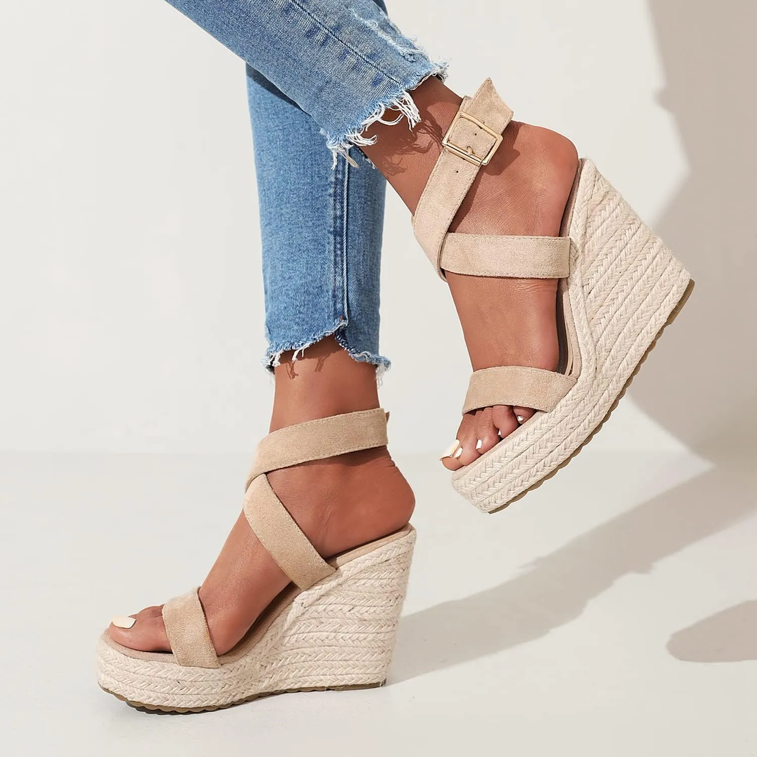 Women's High Heel Platform Espadrille Wedge Sandals Open Toe With Faux Leather Upper Cross Ankle Adjustable Buckle Strap Non Slip Soles