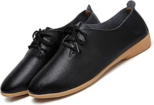 Women's Leather Lace Up Flats Pointed Loafers,Fashion Soft Bottom Low Lightweight Comfort Slip-On Business Formal Work Dress Walking Oxfords Sneakers