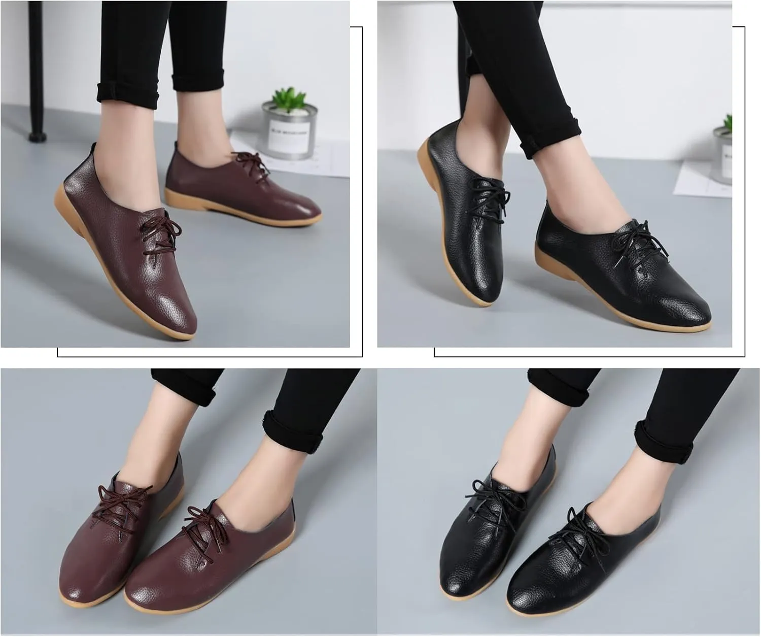 Women's Leather Lace Up Flats Pointed Loafers,Fashion Soft Bottom Low Lightweight Comfort Slip-On Business Formal Work Dress Walking Oxfords Sneakers