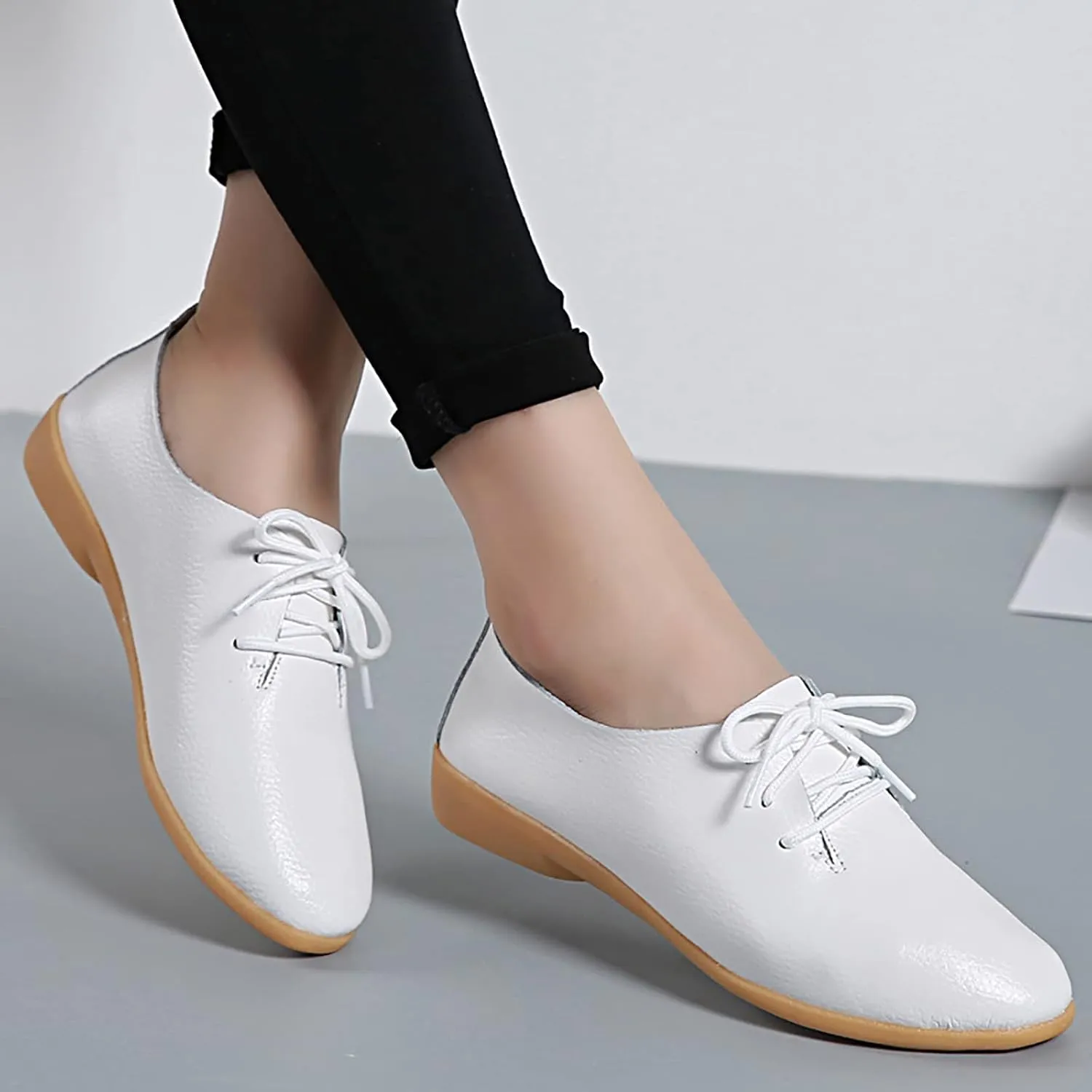 Women's Leather Lace Up Flats Pointed Loafers,Fashion Soft Bottom Low Lightweight Comfort Slip-On Business Formal Work Dress Walking Oxfords Sneakers