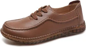 Women's Leather Soft Beef Tendon Loafers Slip-on Handmade Flat Boat Shoes Lace Up Non-Slip Breathable Casual Moccasins Walking Shoes