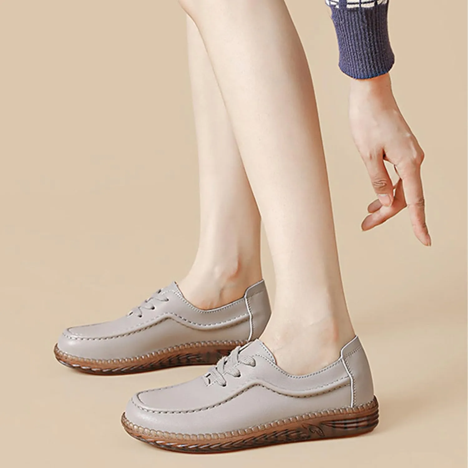 Women's Leather Soft Beef Tendon Loafers Slip-on Handmade Flat Boat Shoes Lace Up Non-Slip Breathable Casual Moccasins Walking Shoes