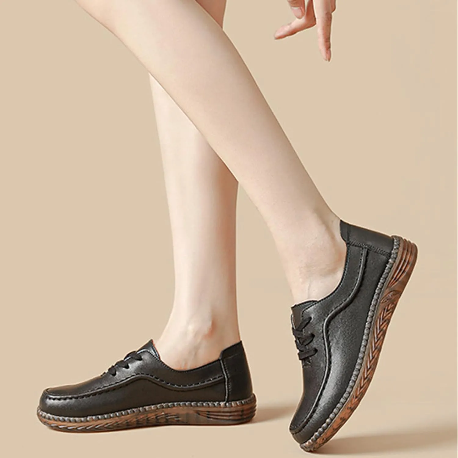 Women's Leather Soft Beef Tendon Loafers Slip-on Handmade Flat Boat Shoes Lace Up Non-Slip Breathable Casual Moccasins Walking Shoes