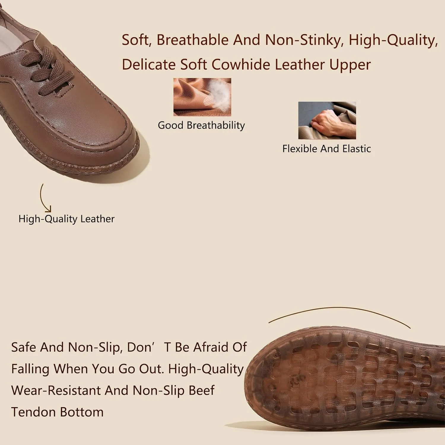 Women's Leather Soft Beef Tendon Loafers Slip-on Handmade Flat Boat Shoes Lace Up Non-Slip Breathable Casual Moccasins Walking Shoes