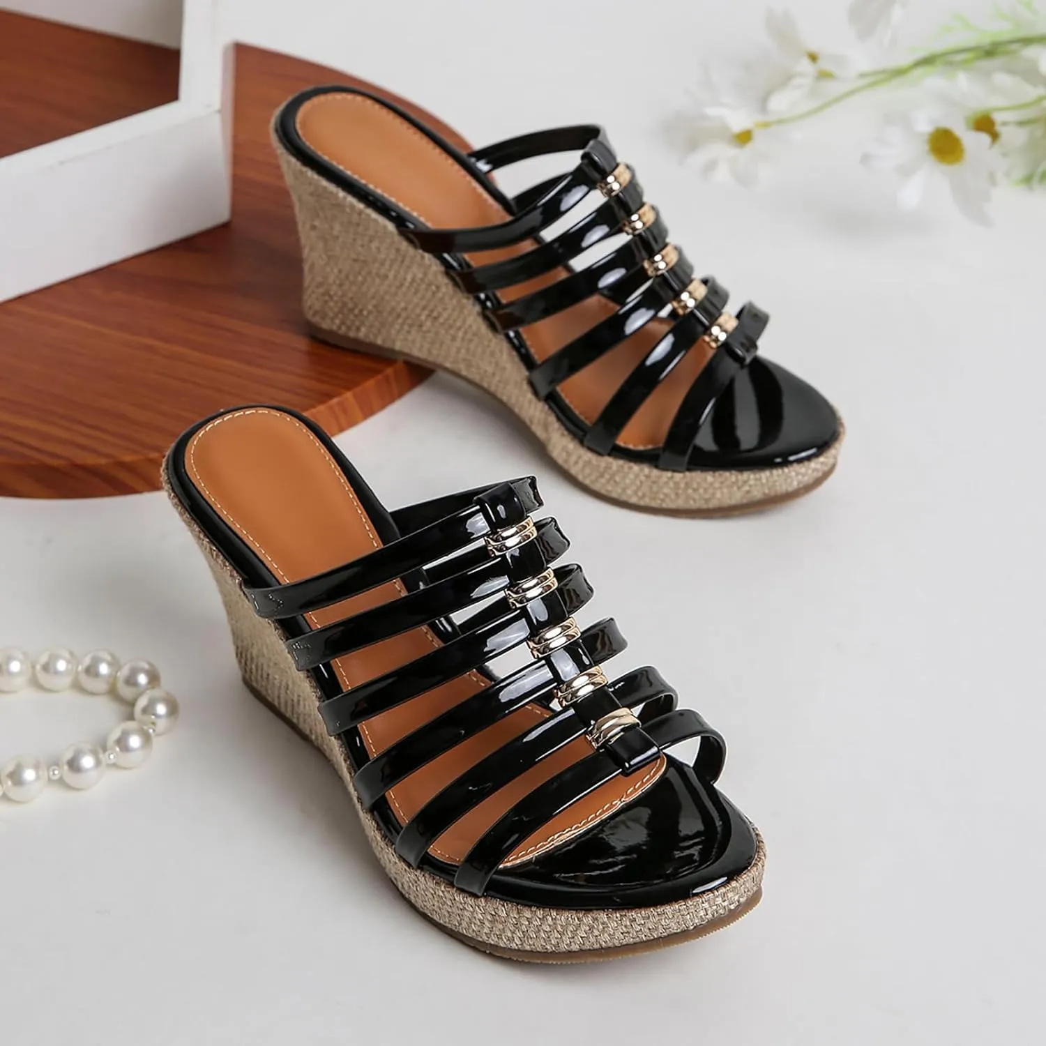 Women's Leather Weave Espadrille Wedge Sandals Fashion Strappy Comfortable Open Round Toe Slip On Platform Slides Summer Outdoor Beach Party Dress Slippers