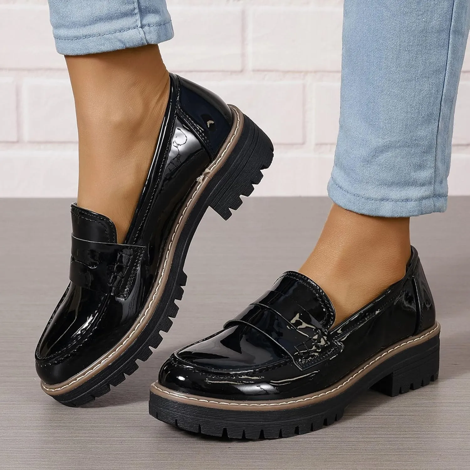 Womens Loafers Comfortable Platform Penny Loafer Chunky Heel Business Casual Dress Shoes 2024 Fashion Patent Leather Women's Loafers & Slip-ons