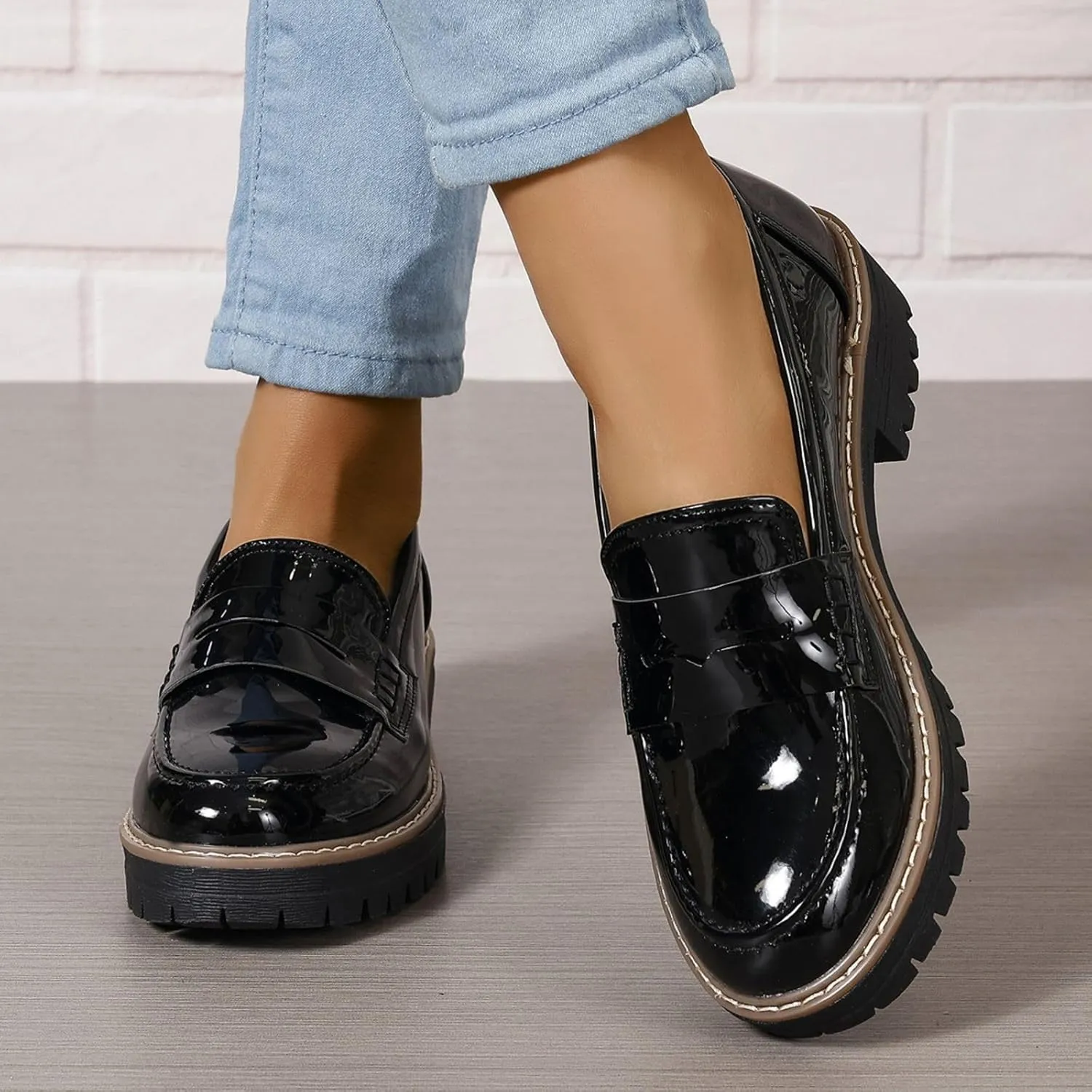 Womens Loafers Comfortable Platform Penny Loafer Chunky Heel Business Casual Dress Shoes 2024 Fashion Patent Leather Women's Loafers & Slip-ons