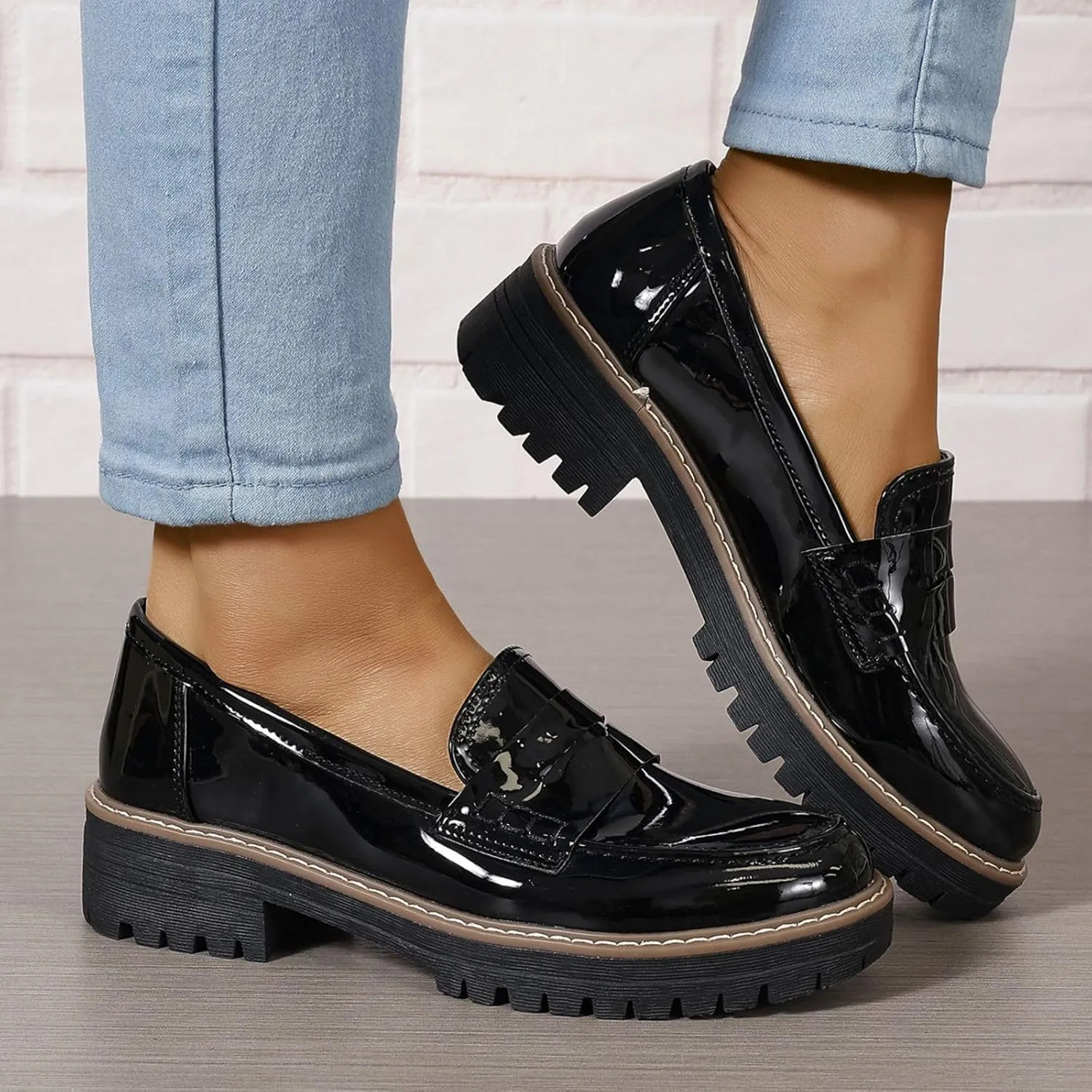 Womens Loafers Comfortable Platform Penny Loafer Chunky Heel Business Casual Dress Shoes 2024 Fashion Patent Leather Women's Loafers & Slip-ons