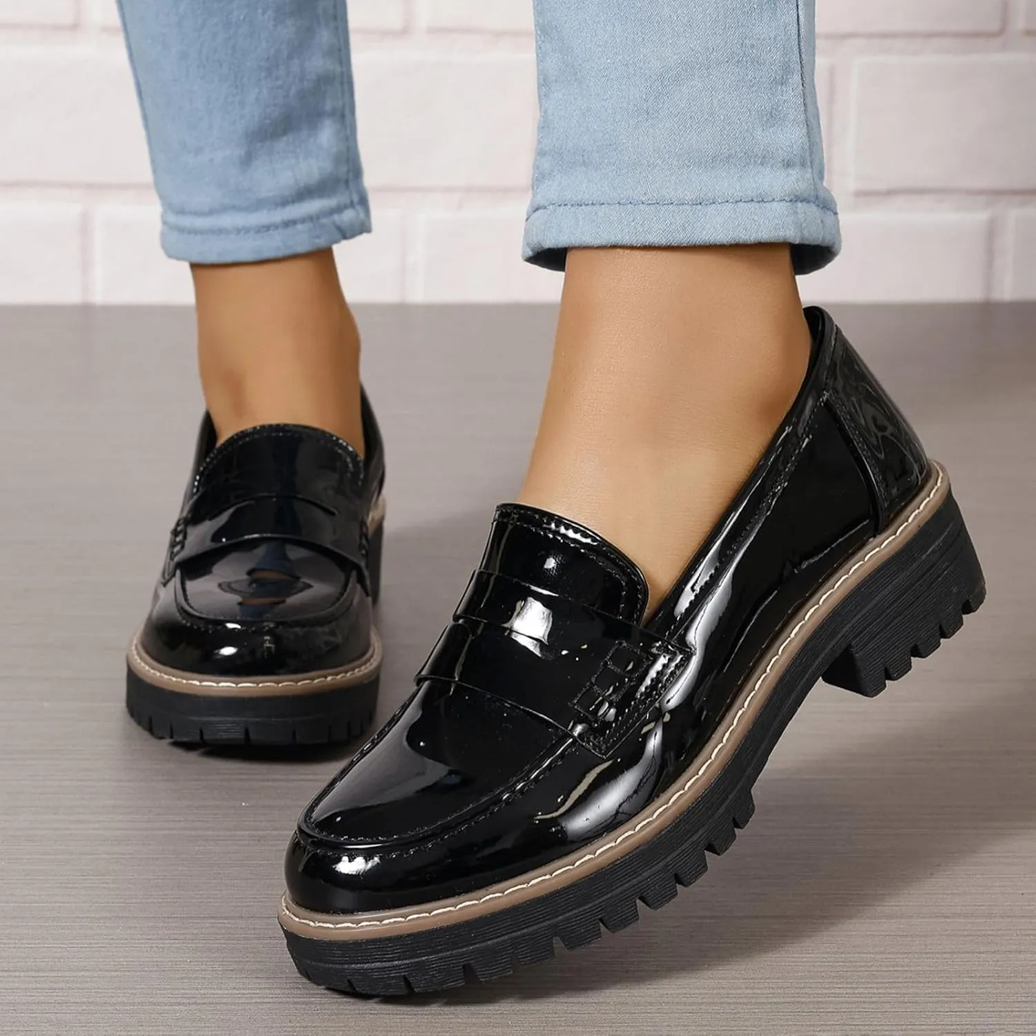 Womens Loafers Comfortable Platform Penny Loafer Chunky Heel Business Casual Dress Shoes 2024 Fashion Patent Leather Women's Loafers & Slip-ons