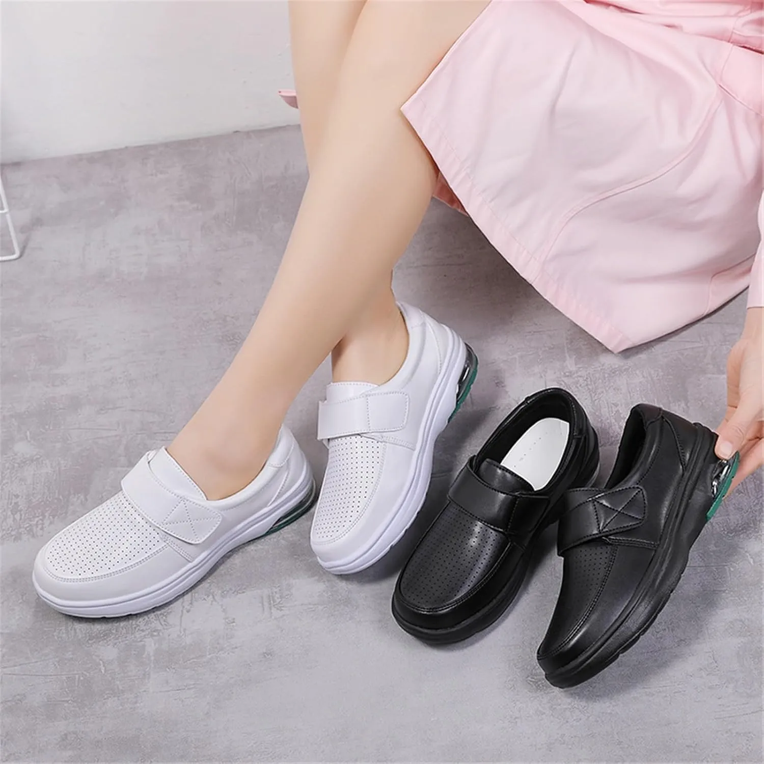 Womens Mesh Breathable Comfortable Working Adjustable Leather Nurse Shoes, Casual Air Cushion Slip Resistant Hospital Work Moccasin, for Hospital Nurse, Doctors