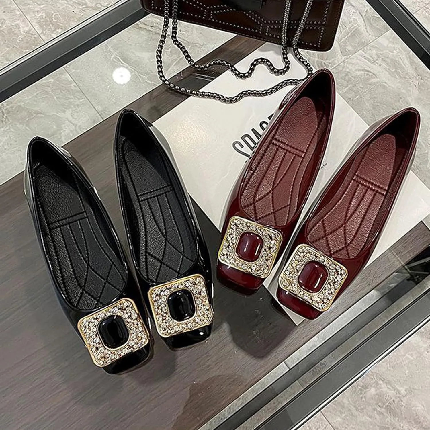 Womens Patent Leather Comfort Square Toe Ballets Flats Closed Toe Rhinestone Slip On Dress Shoes for Wedding Driving Dating Classical Walking Shoes