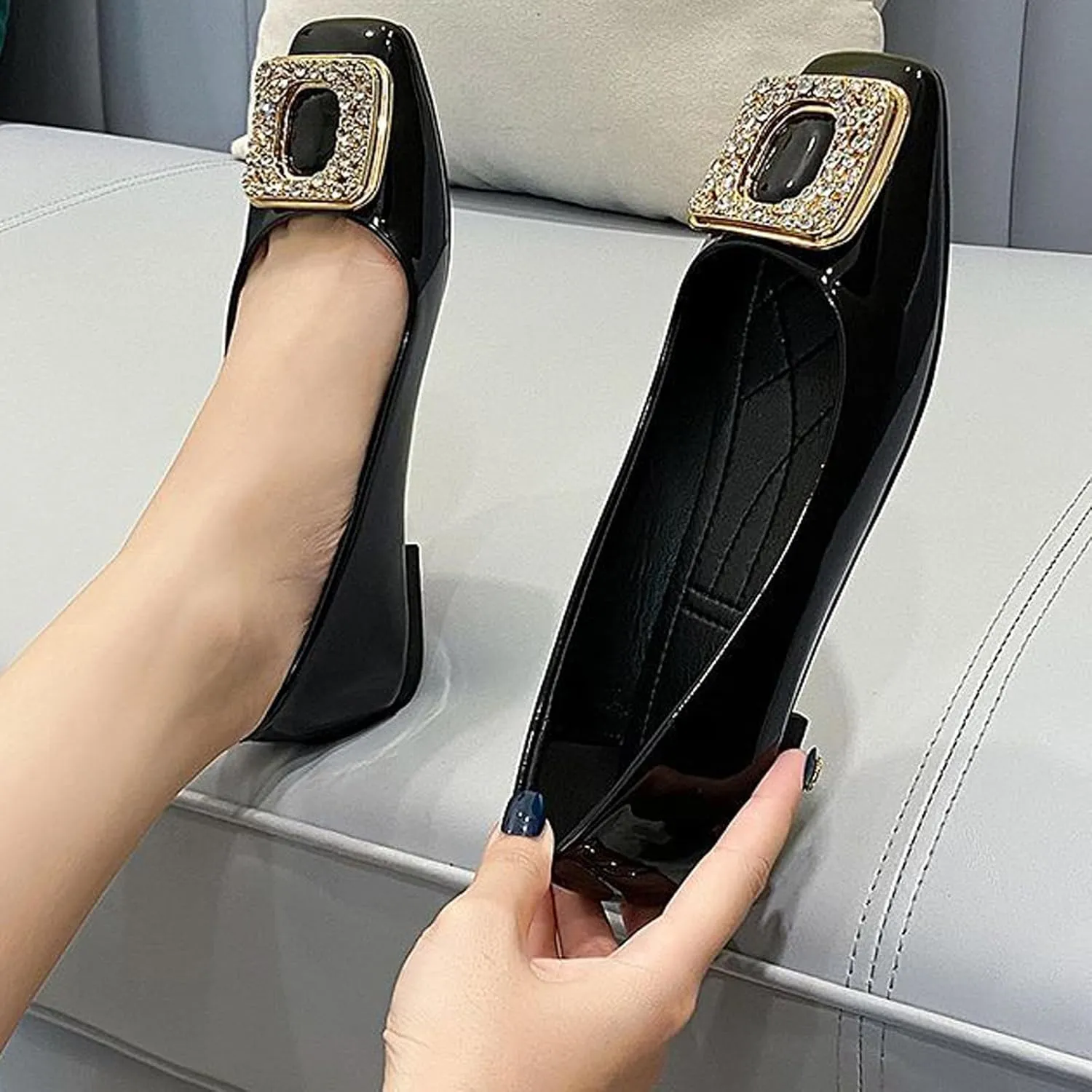 Womens Patent Leather Comfort Square Toe Ballets Flats Closed Toe Rhinestone Slip On Dress Shoes for Wedding Driving Dating Classical Walking Shoes
