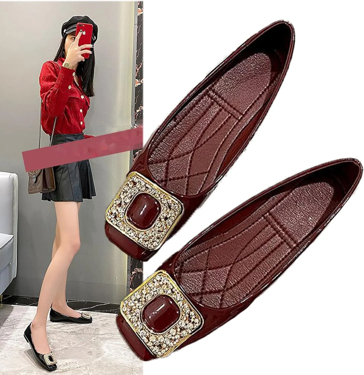 Womens Patent Leather Comfort Square Toe Ballets Flats Closed Toe Rhinestone Slip On Dress Shoes for Wedding Driving Dating Classical Walking Shoes
