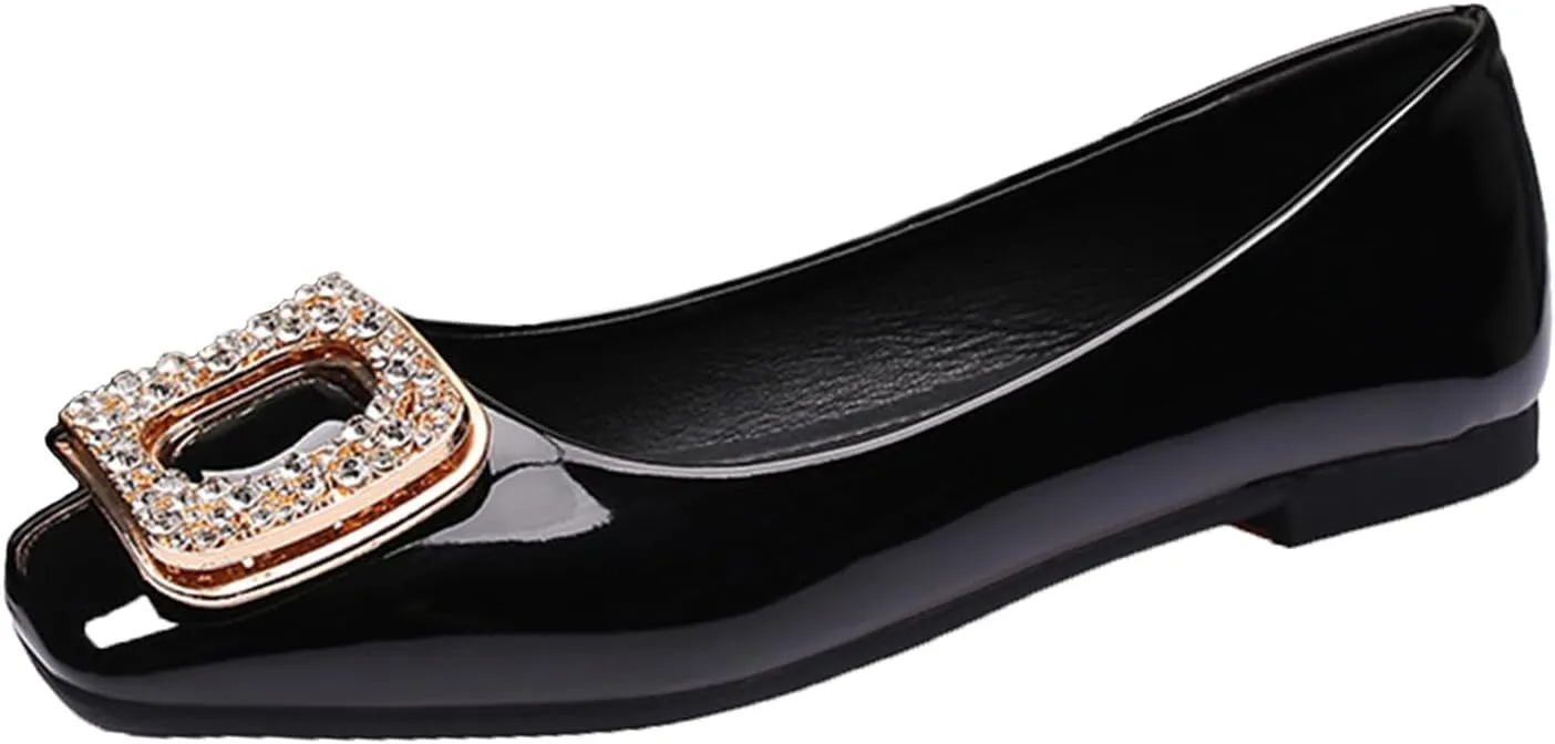Womens Patent Leather Comfort Square Toe Ballets Flats Closed Toe Rhinestone Slip On Dress Shoes for Wedding Driving Dating Classical Walking Shoes