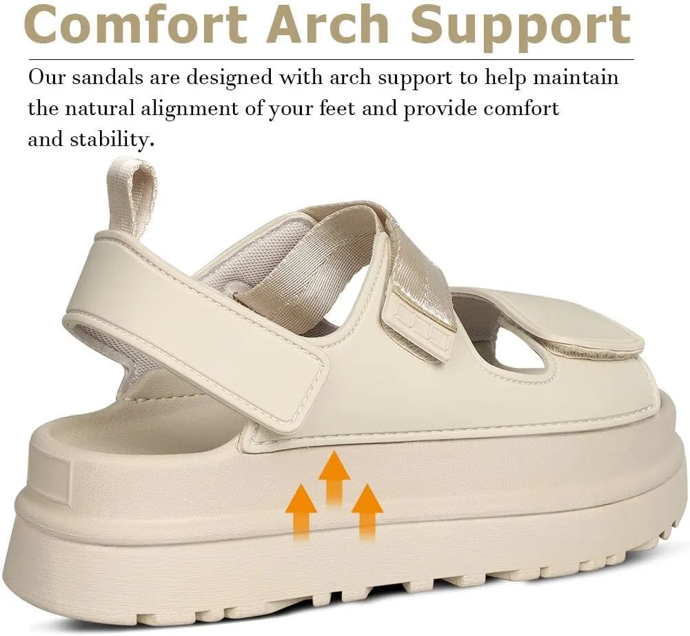 Womens Platform Sandals Flat Sandals Women Sandals with Back Strap Summer Footbed Sandals Adjustable Leather Slip On