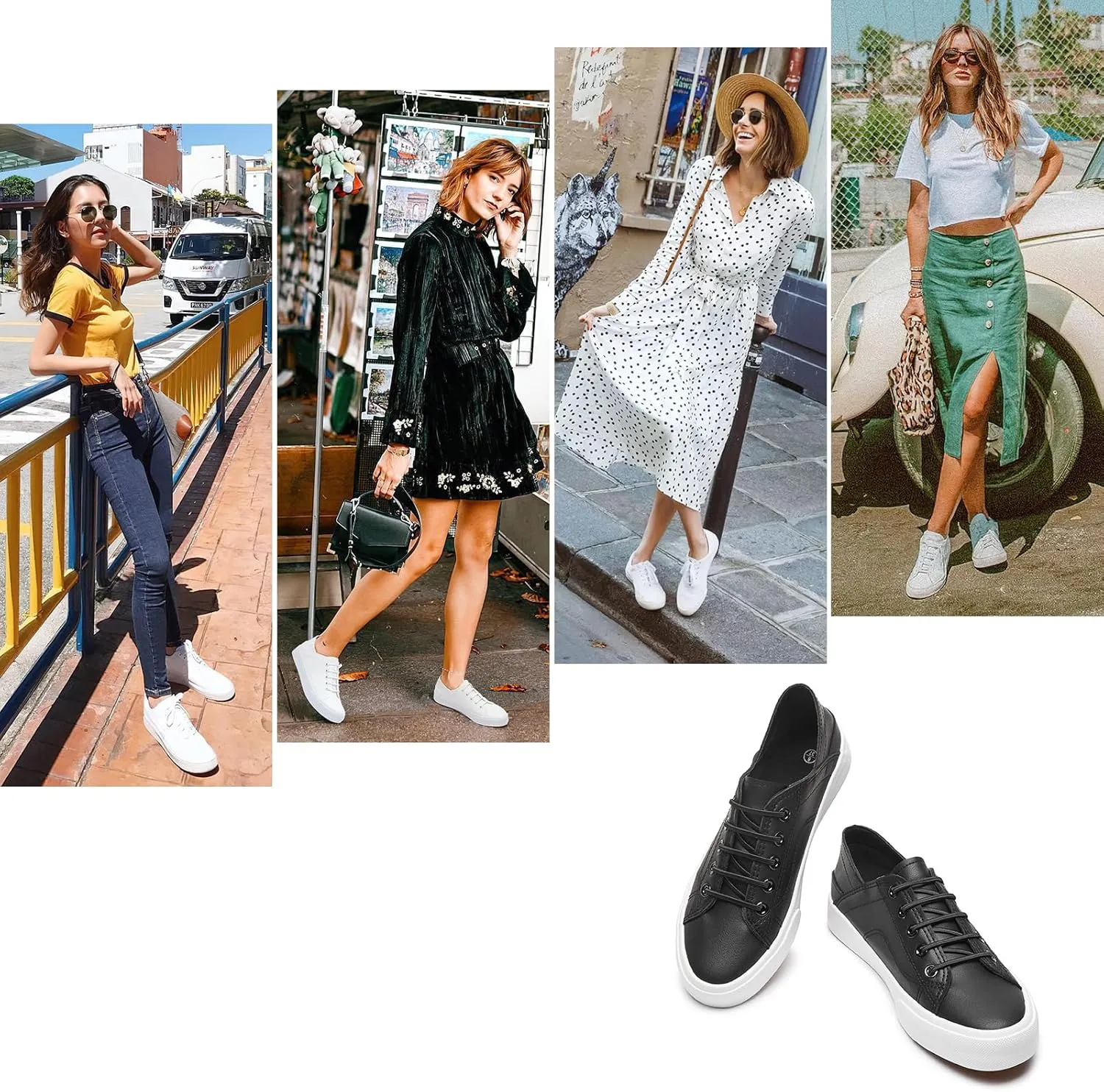 Women's Slip on Shoes PU Leather Slip on Sneaker Fashion White Tennis Shoes Low Top Black Casual Shoes