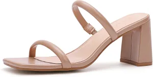 Women's Square Open Toe Heeled Sandals Two Strap Mules Slip On Block Chunky Mid Heels Sandals