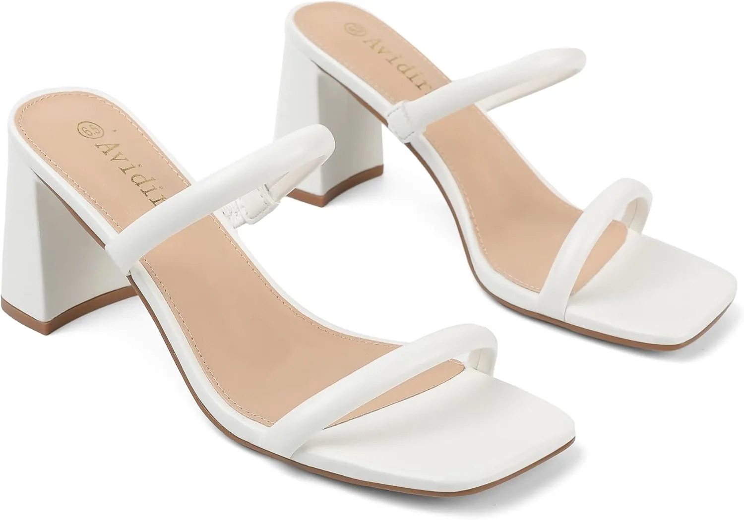 Women's Square Open Toe Heeled Sandals Two Strap Mules Slip On Block Chunky Mid Heels Sandals